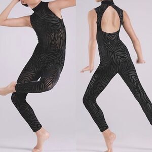 WEISSMAN Elite Dance Costume black Burnout Animal Mesh Unitard NV11636 MC